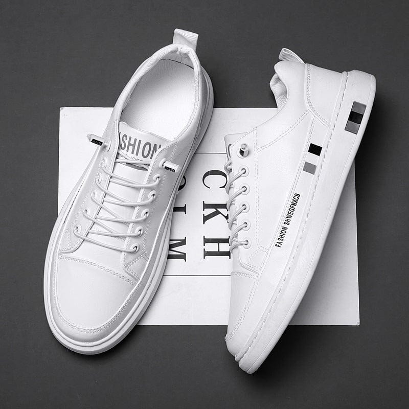 Men's Breathable Trendy Casual White Shoes: Leather Panel Skate Shoes