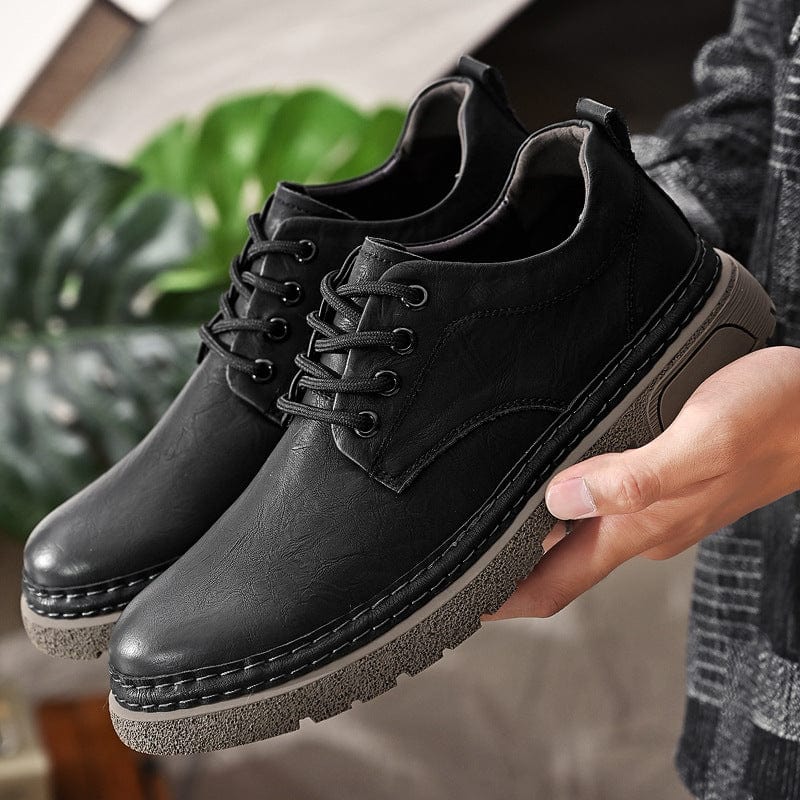 Men's Black Casual Leather Shoes: British Style Workwear Low-Cut Martin Boots